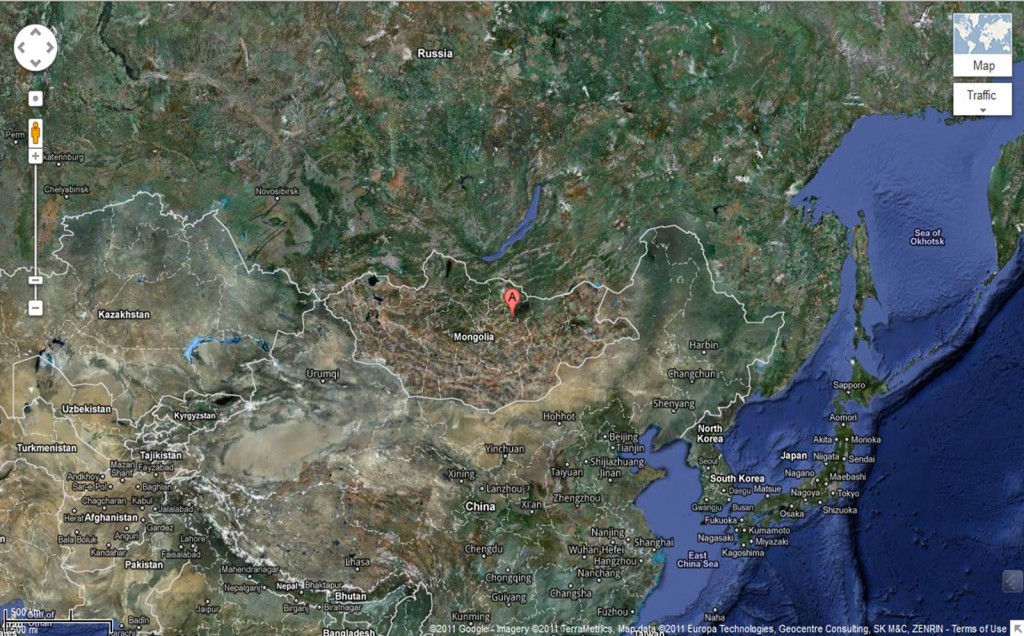 Ulan Bator (red marker) - far away from many places.